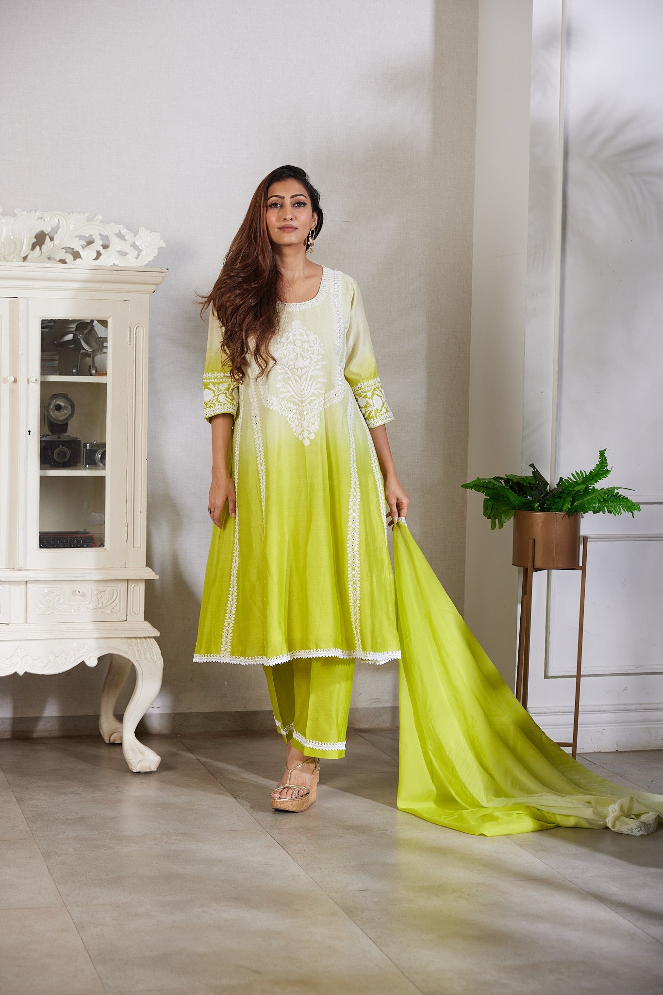 Kalidar  kurta with pockets and dori with  mirror work and straight pants