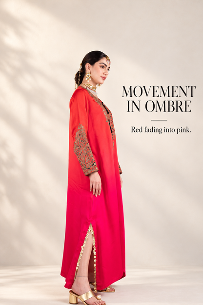 Ombre Red & Pink Satin Silk Kaftan with Aari-Resham Work, Bead Tassels & Coin-Detail Slits