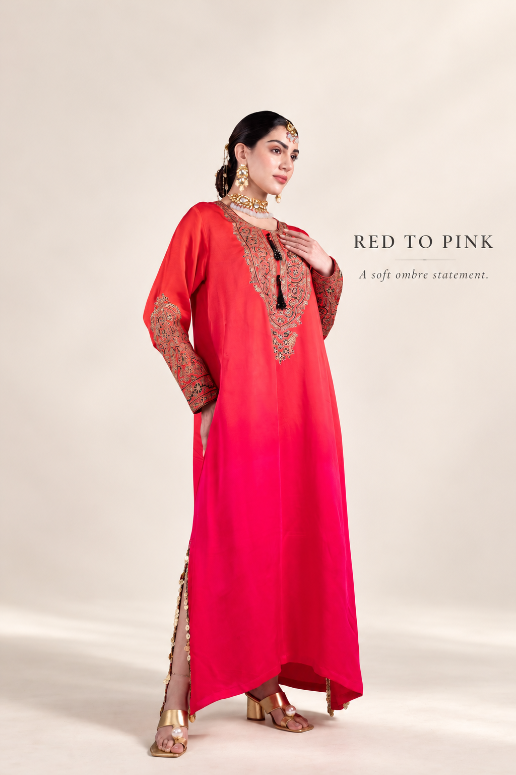 Ombre Red & Pink Satin Silk Kaftan with Aari-Resham Work, Bead Tassels & Coin-Detail Slits