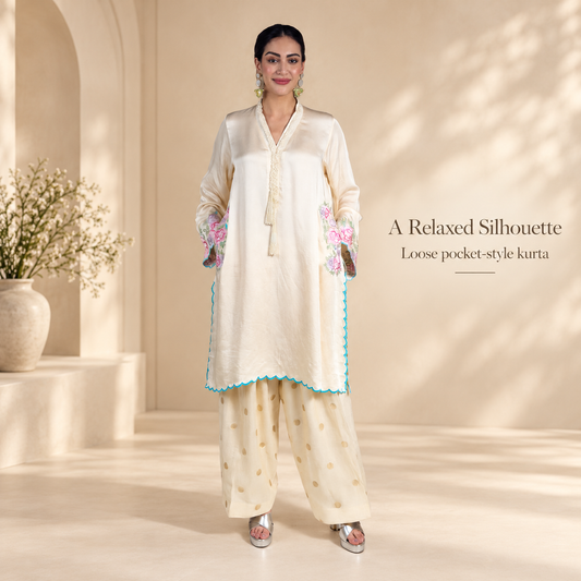 Cream & Ivory Embroidered Satin Mull Pocket Kurta with Pleated Chanderi Pants