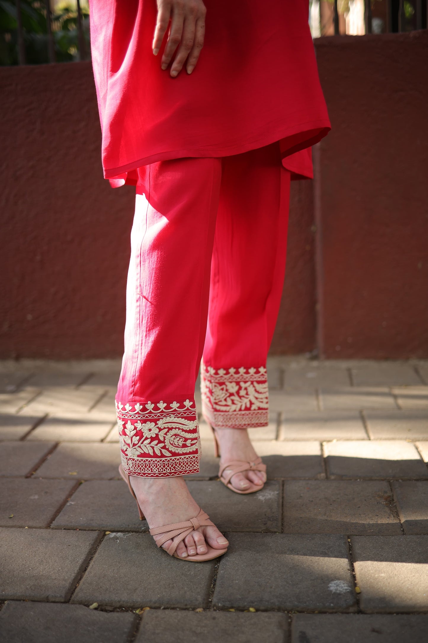 Shirt kurta and straight pants with code-dori and zari work on the colar cuff and pants