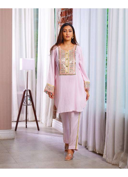 Kurta and pant set with colourful sequence and mirror work