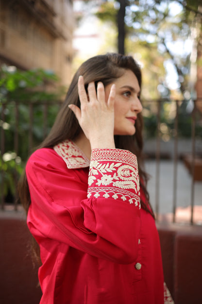 Shirt kurta and straight pants with code-dori and zari work on the colar cuff and pants