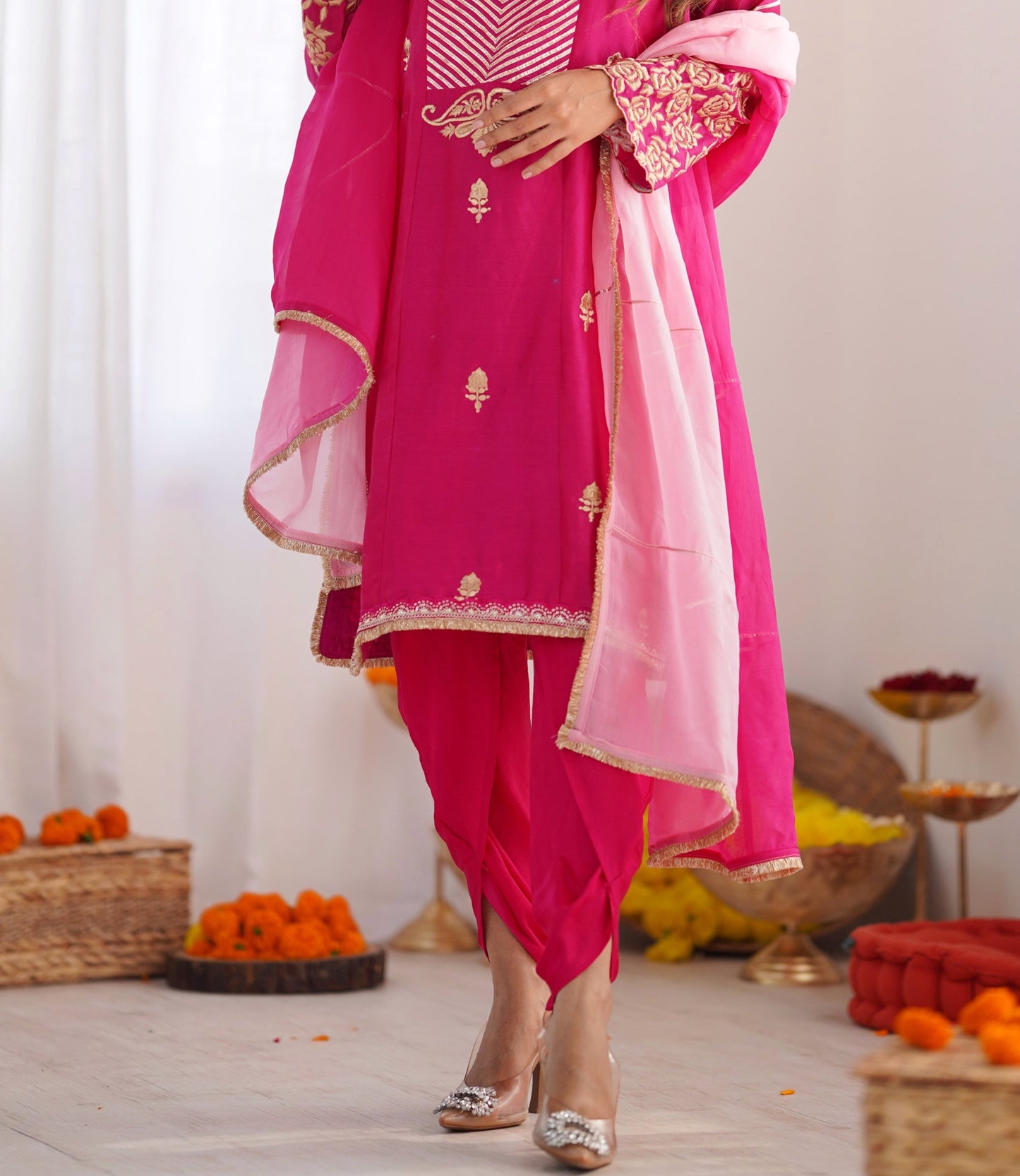 Chanderi Silk Kurta Set with Kasab Embroidery & Organza Dupatta