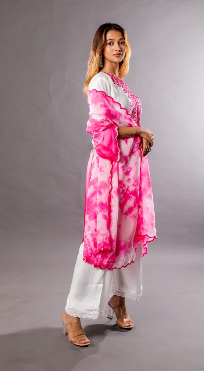 Straight kurta with mirror work along with straight pants and tie and dye dupattah