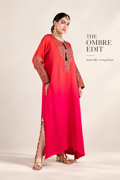 Ombre Red & Pink Satin Silk Kaftan with Aari-Resham Work, Bead Tassels & Coin-Detail Slits