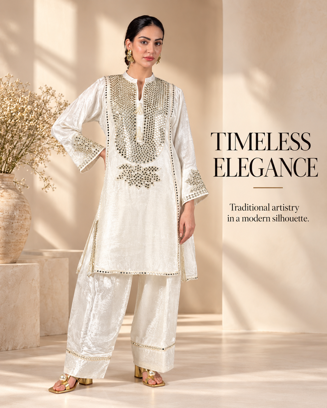 Off-White & Gold Velvet Silk Short Kalidar Kurta Set with Pleated Pants