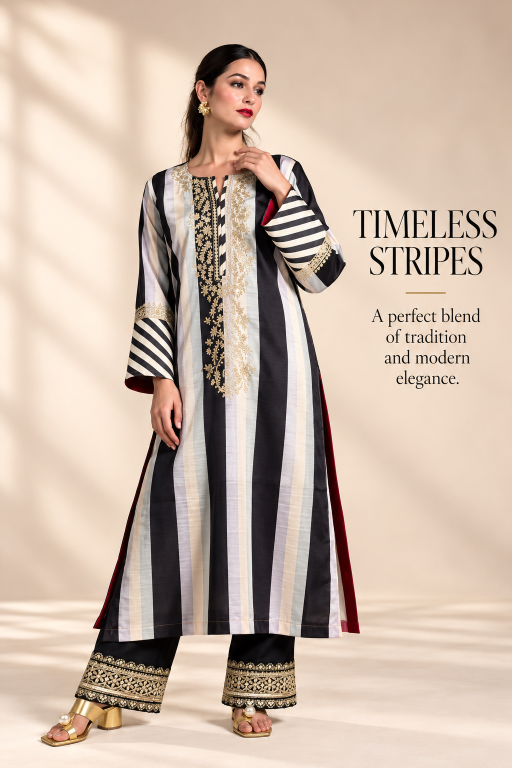 Black & Off-White Striped Crepe Silk Kurta Set with Gold Aari Work