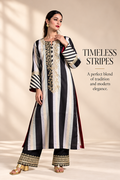 Black & Off-White Striped Crepe Silk Kurta Set with Gold Aari Work