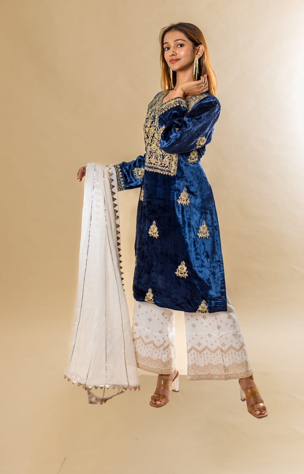 Straight Kurta with white and Gold  brocade pants  and organza silk dupattah with gotta work