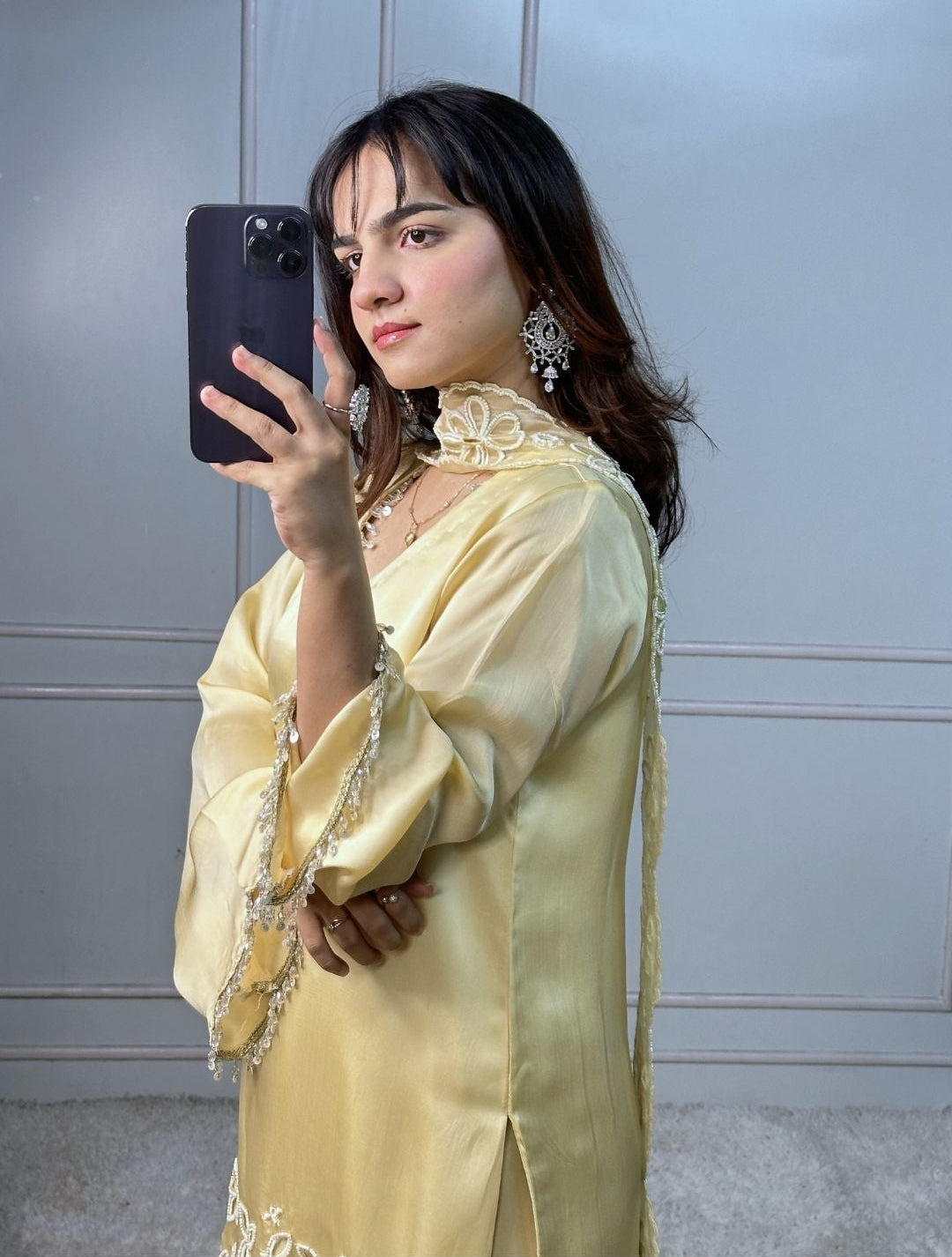 Butter Yellow Cutwork Kurta Set with Pearl & Crystal Detailing