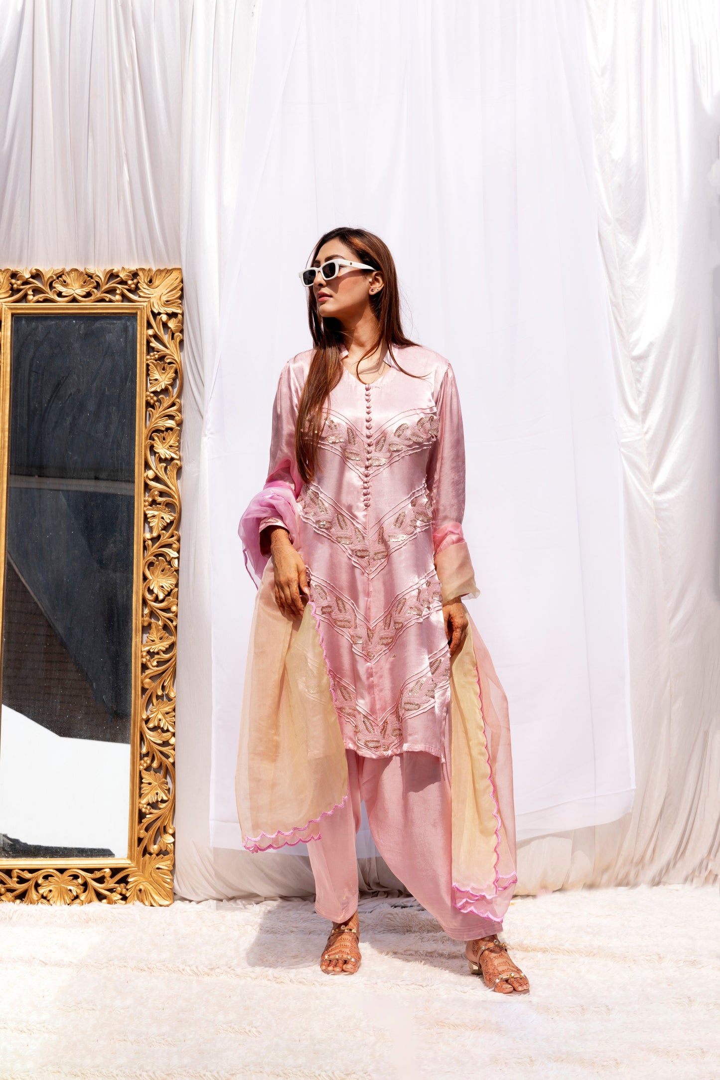 Long kurti with salwar organza silk shaded dupattah with scolaps