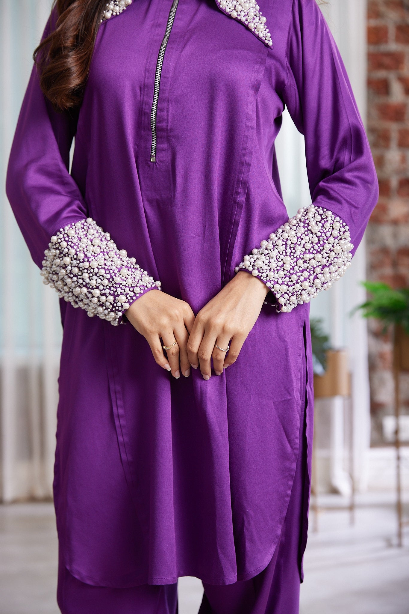 Shirt and pant co- ord set with pearl and studs handwork on the colar and cuff