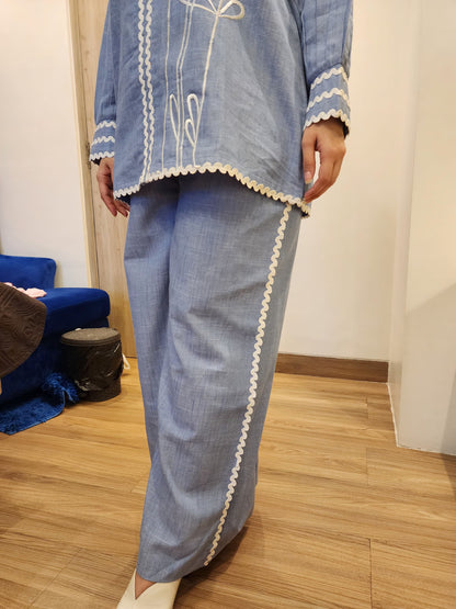 Embroidered Denim Coord Set with White Detailing