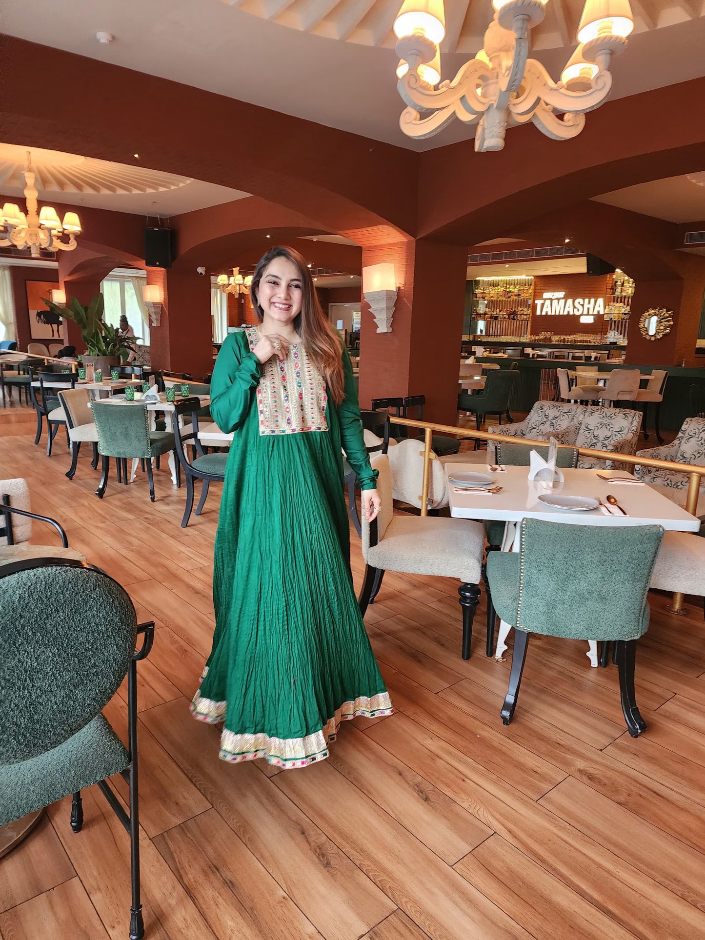 Long gown with churidar sleeves and Daman