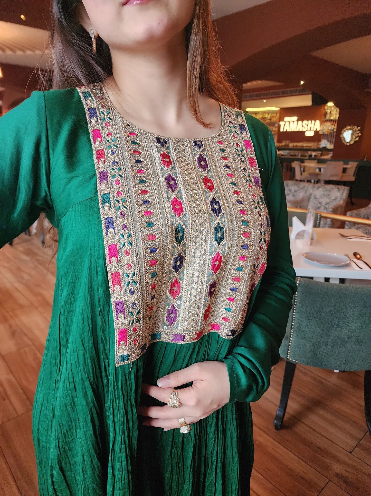 Long gown with churidar sleeves and Daman