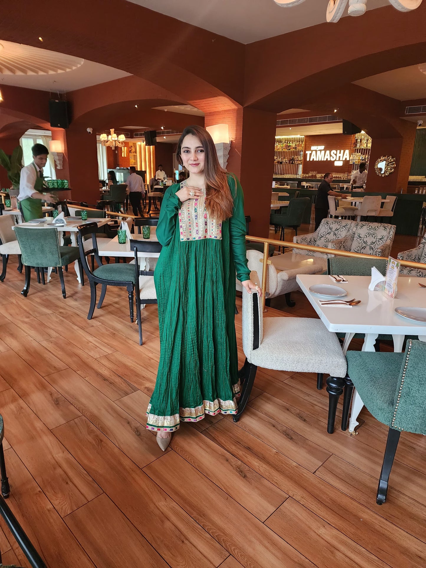 Long gown with churidar sleeves and Daman