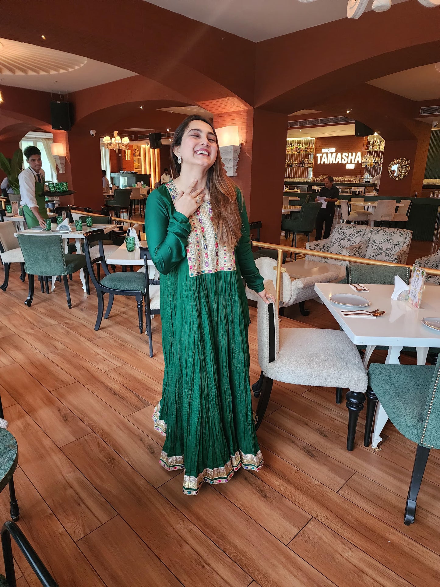 Long gown with churidar sleeves and Daman