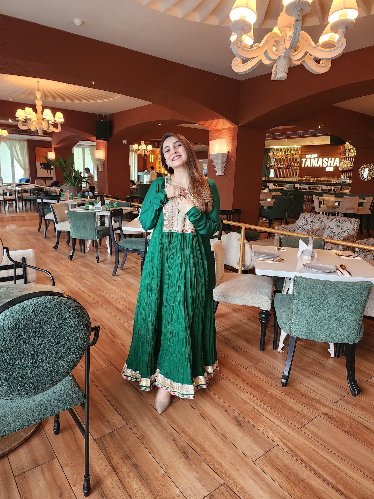 Long gown with churidar sleeves and Daman