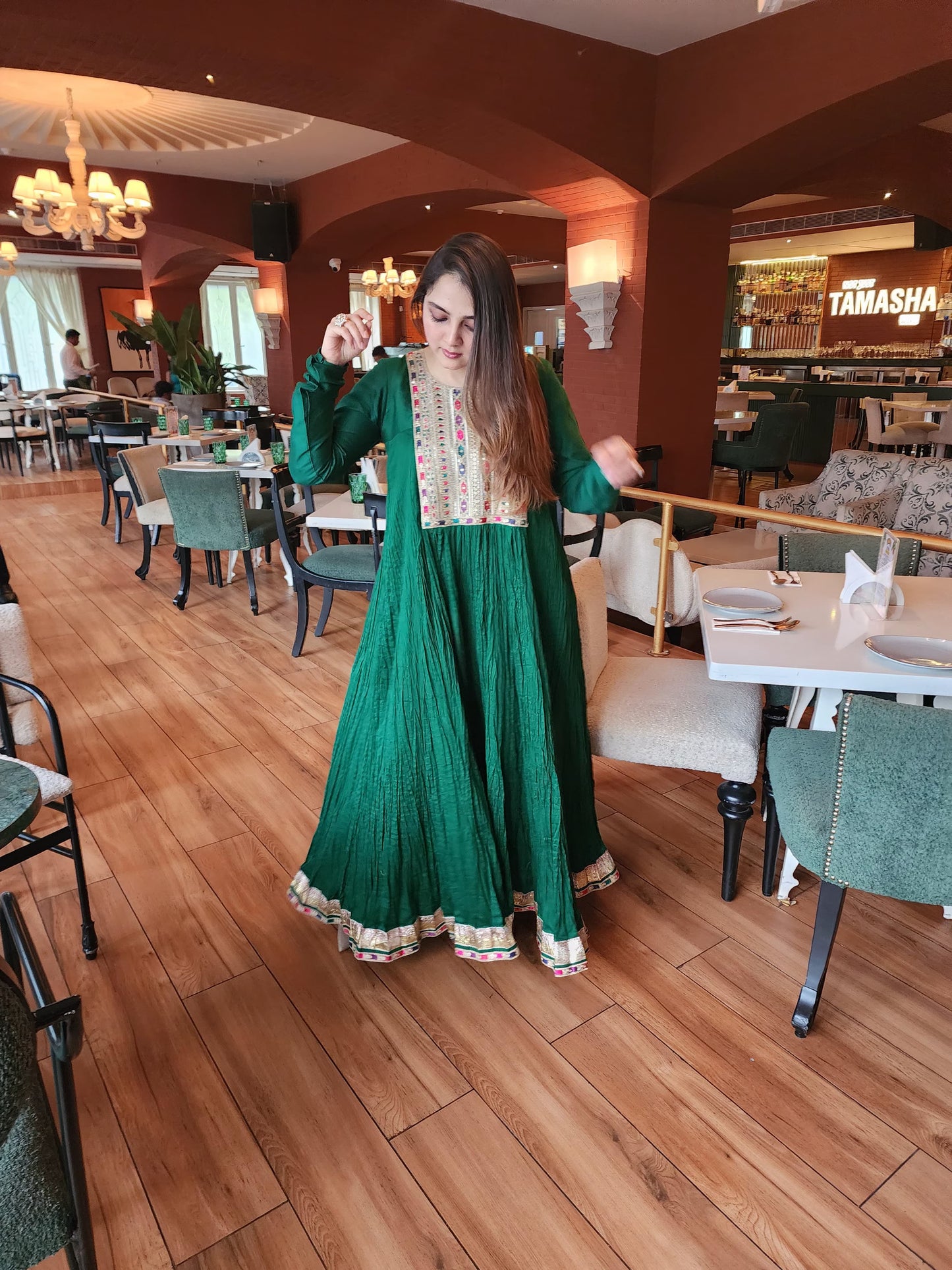 Long gown with churidar sleeves and Daman