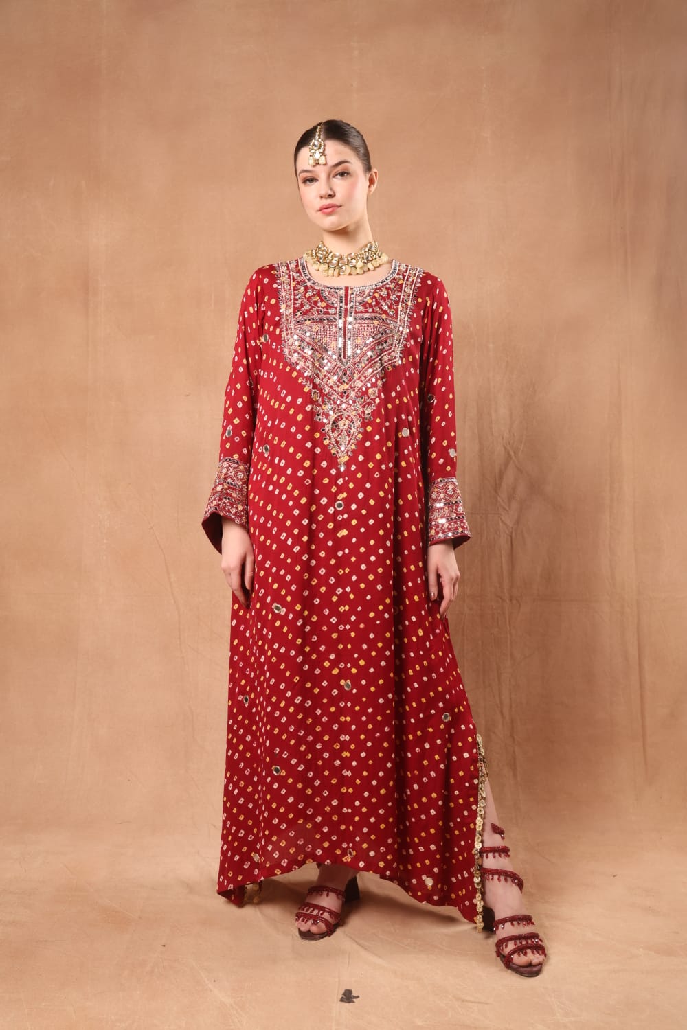 Red Bandhni Kaftan with Small Slits
