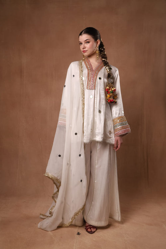 Kalidar off white Short Kurta with Kalidar Plazzo and Dupatta