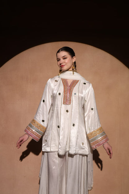 Kalidar off white Short Kurta with Kalidar Plazzo and Dupatta