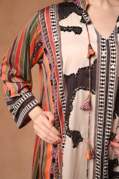 Silk printed kaftan with colourful stripes