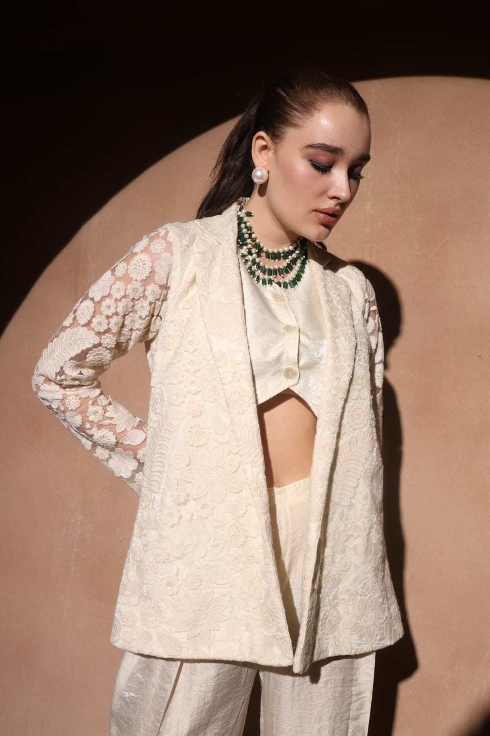 Blazer Set with Bell Bottom in Self-Thread & Sequin Work