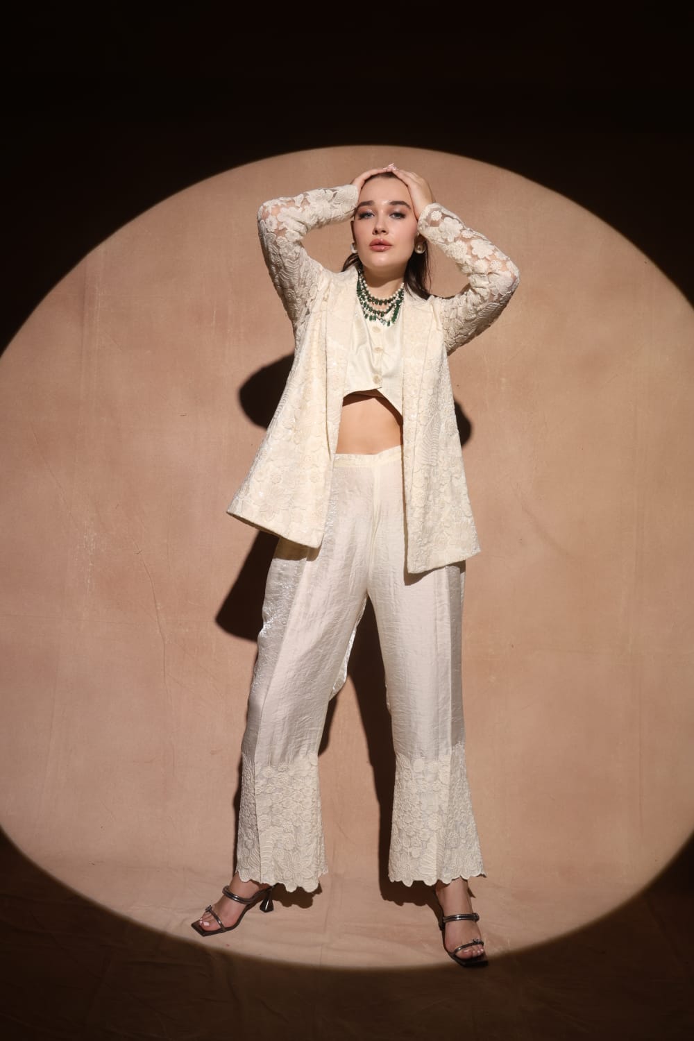Blazer Set with Bell Bottom in Self-Thread & Sequin Work
