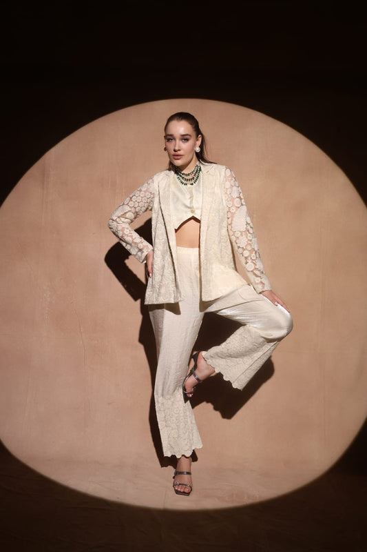 Blazer Set with Bell Bottom in Self-Thread & Sequin Work