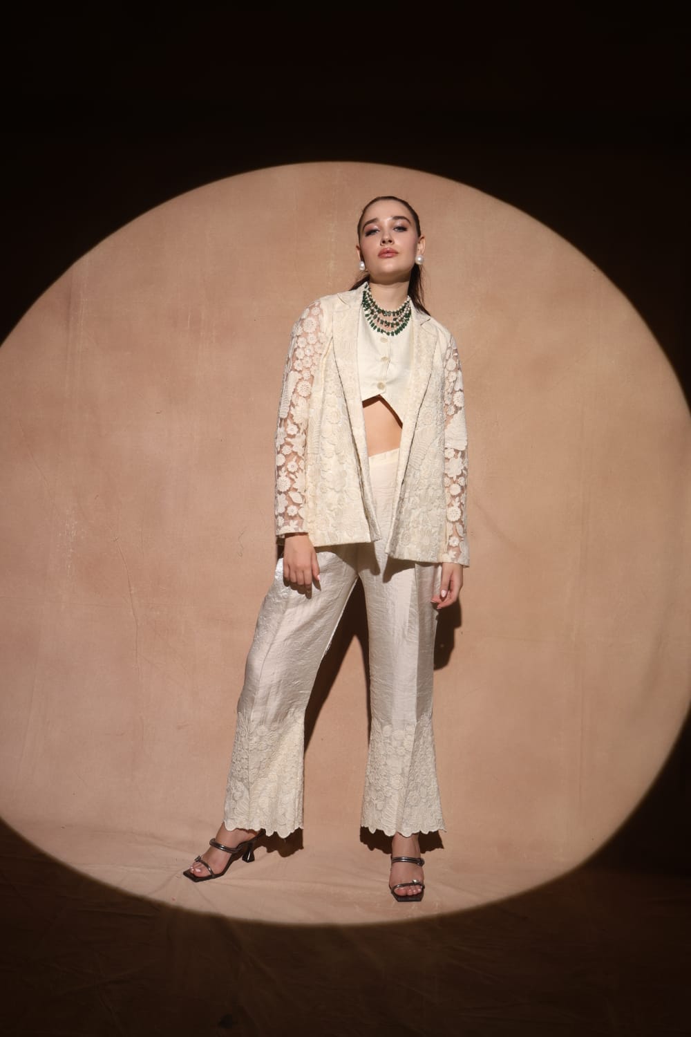 Blazer Set with Bell Bottom in Self-Thread & Sequin Work