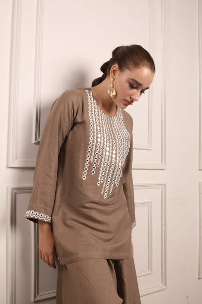 Mirror work short kurta with pleated pants