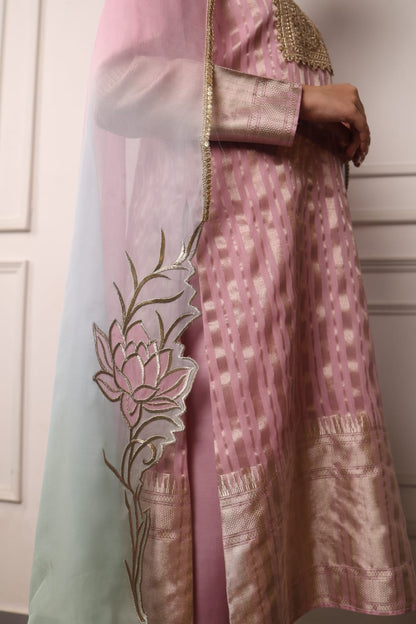 Nude Pink Long Kurta with Straight Pants and Dupatta