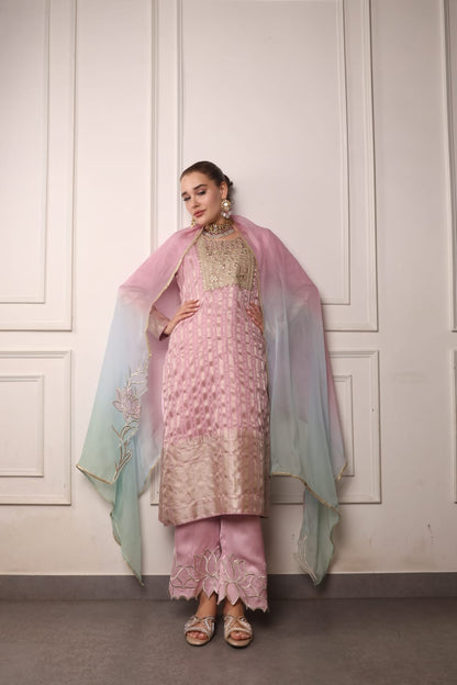 Nude Pink Long Kurta with Straight Pants and Dupatta