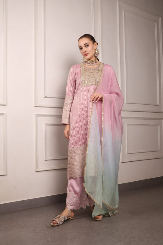Nude Pink Long Kurta with Straight Pants and Dupatta