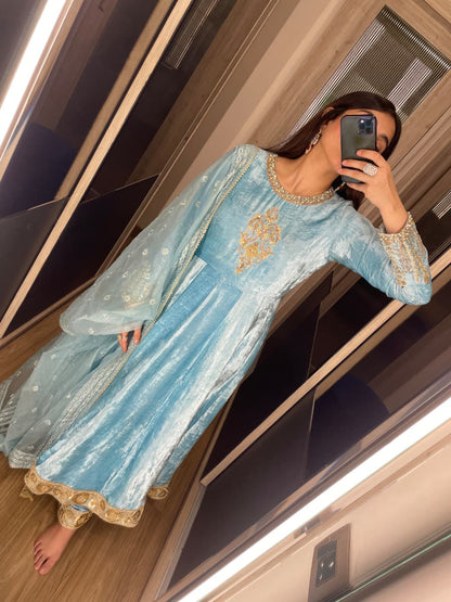 Velvet Anarkali with plazzo pants and dupatta