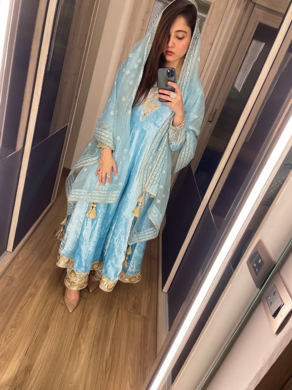 Velvet Anarkali with plazzo pants and dupatta