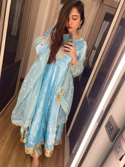 Velvet Anarkali with plazzo pants and dupatta