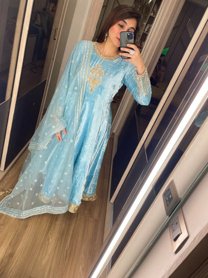 Velvet Anarkali with plazzo pants and dupatta