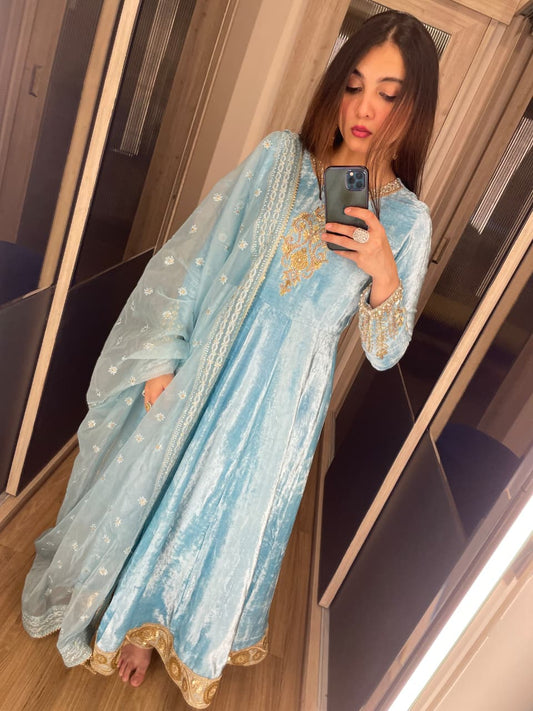 Velvet Anarkali with plazzo pants and dupatta
