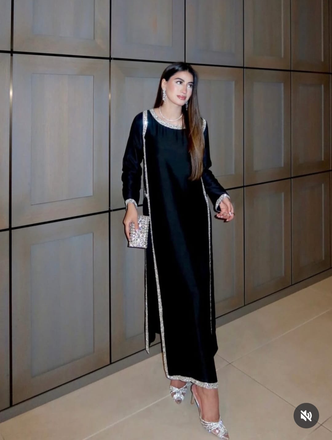 Black Silk Straight Kurti Set with Silver Crystal & Stone Work