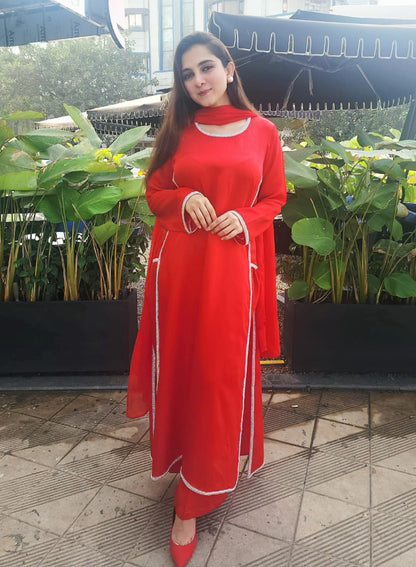 Red Silk Straight Kurti Set with Silver Crystal Stone Work & Dupatta
