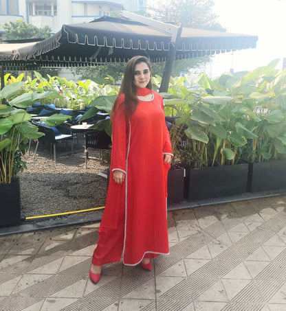 Red Silk Straight Kurti Set with Silver Crystal Stone Work & Dupatta