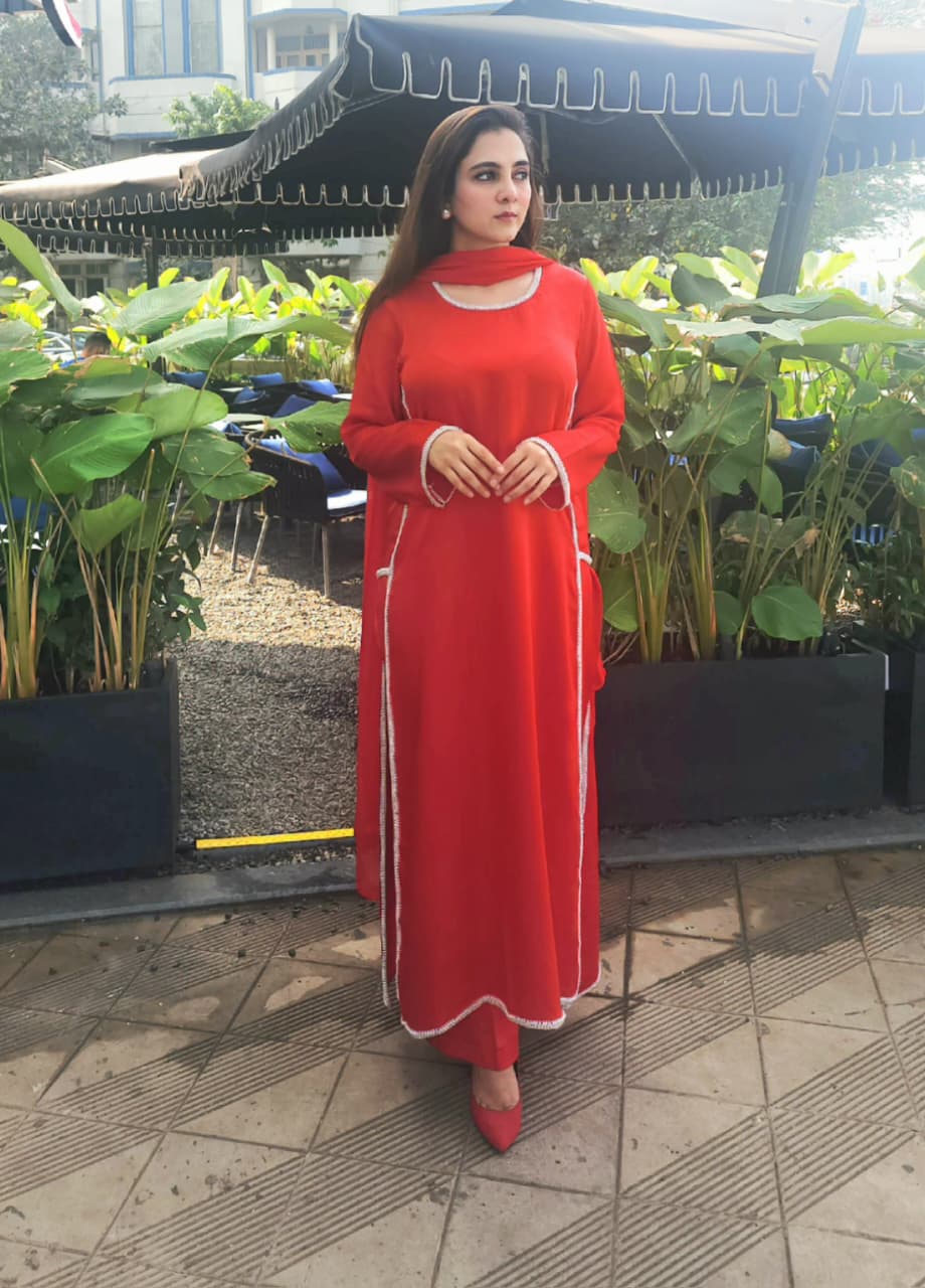 Red Silk Straight Kurti Set with Silver Crystal Stone Work & Dupatta