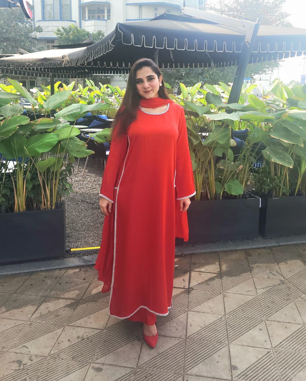 Red Silk Straight Kurti Set with Silver Crystal Stone Work & Dupatta