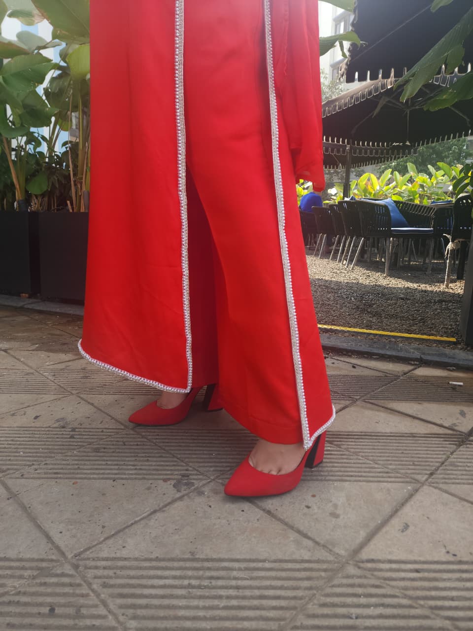 Red Silk Straight Kurti Set with Silver Crystal Stone Work & Dupatta