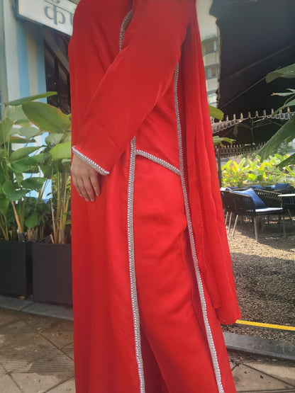 Red Silk Straight Kurti Set with Silver Crystal Stone Work & Dupatta