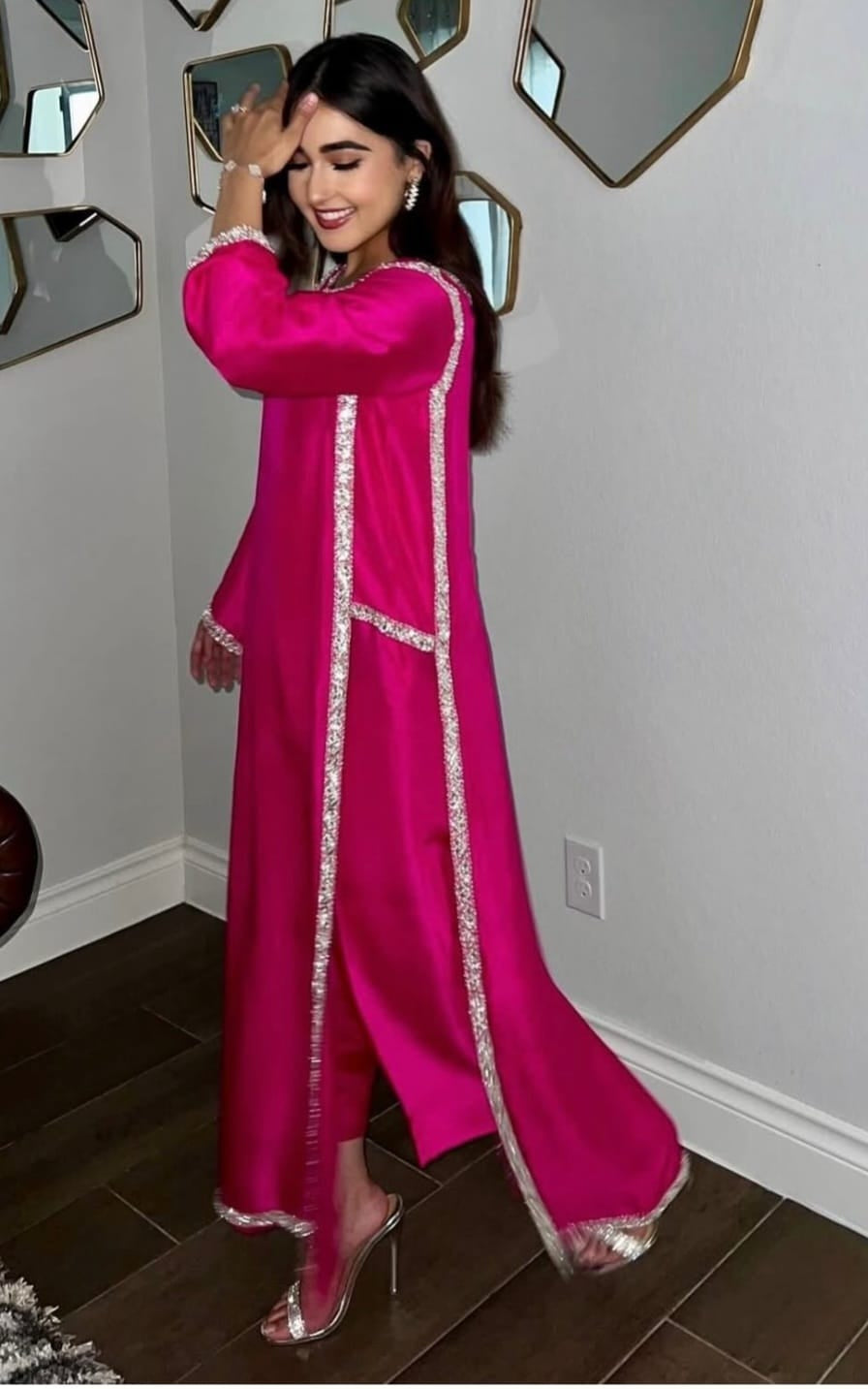 Magenta Pink Silk Straight Kurti Set with Silver Crystal Stone Work & Dupatta