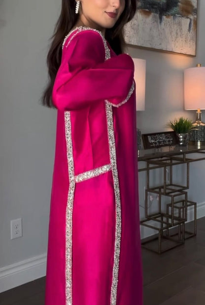 Magenta Pink Silk Straight Kurti Set with Silver Crystal Stone Work & Dupatta